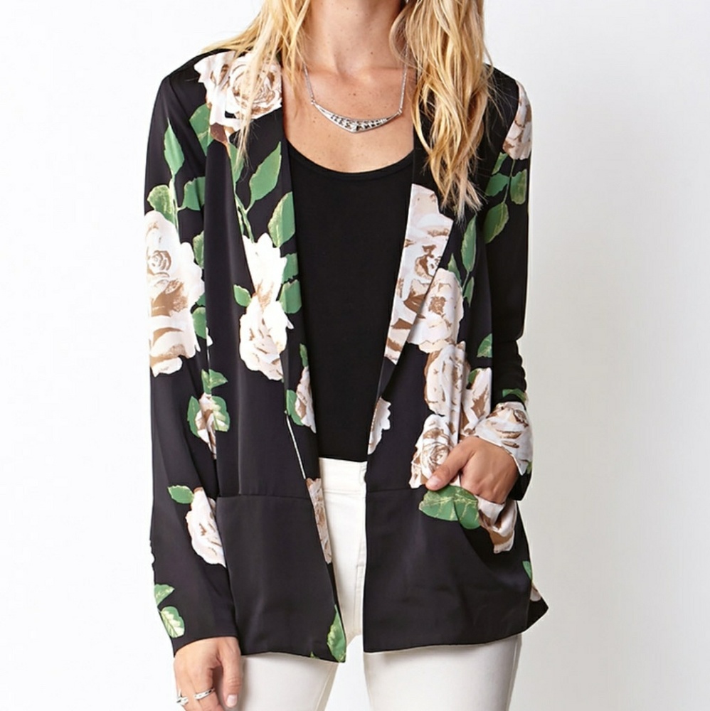 Black Floral Open Front Blazer